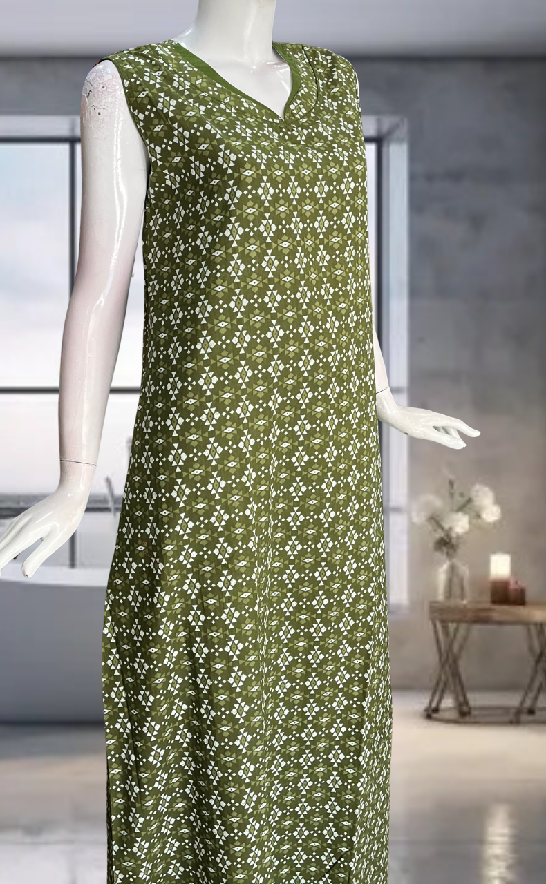 Green Abstract Pure Cotton Sleeveless Nighty. Pure Durable Cotton | Laces and Frills
