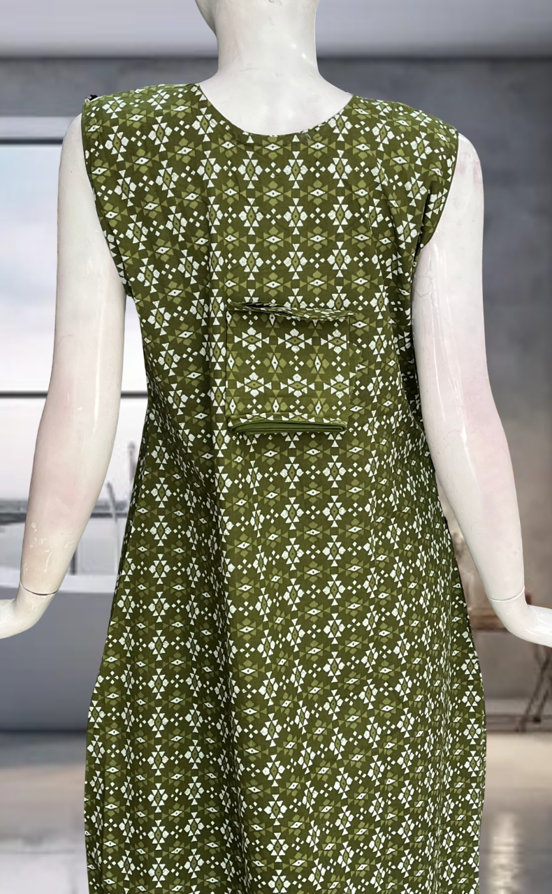 Green Abstract Pure Cotton Sleeveless Nighty. Pure Durable Cotton | Laces and Frills