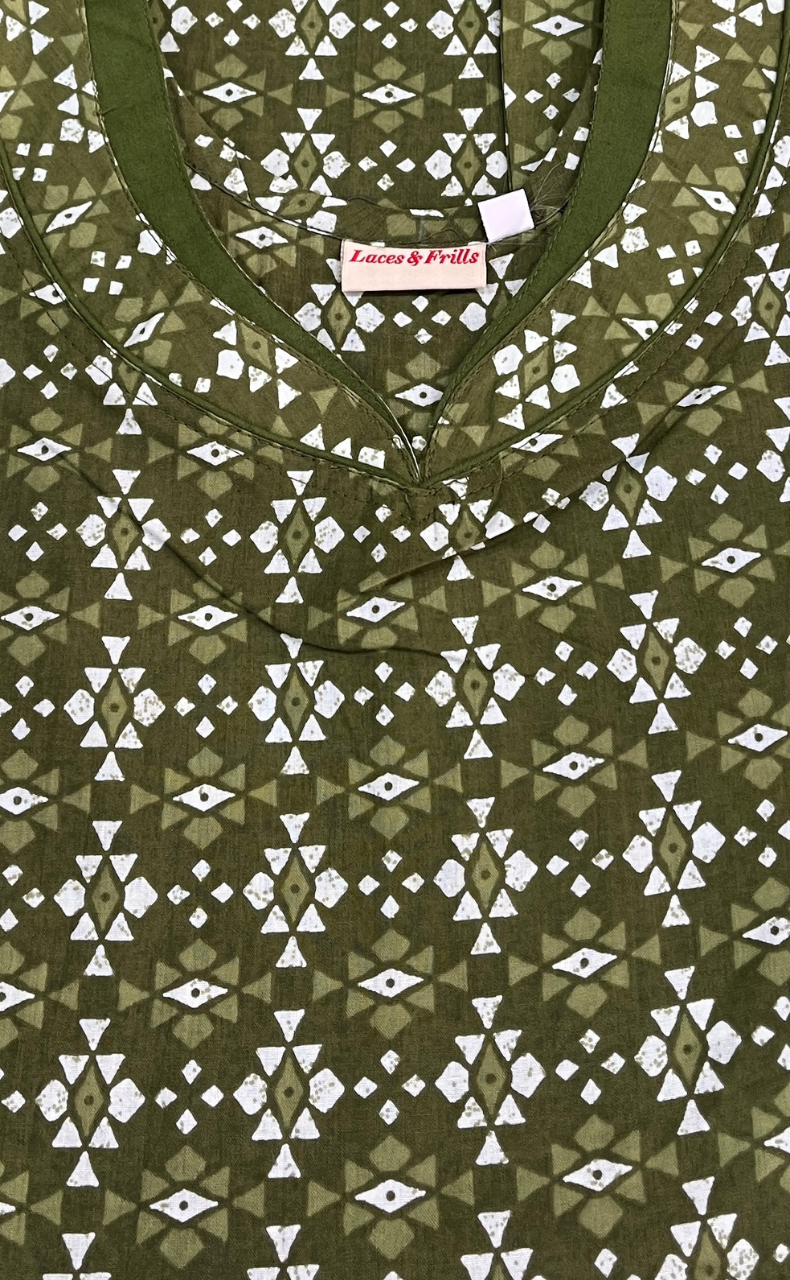 Green Abstract Pure Cotton Sleeveless Nighty. Pure Durable Cotton | Laces and Frills