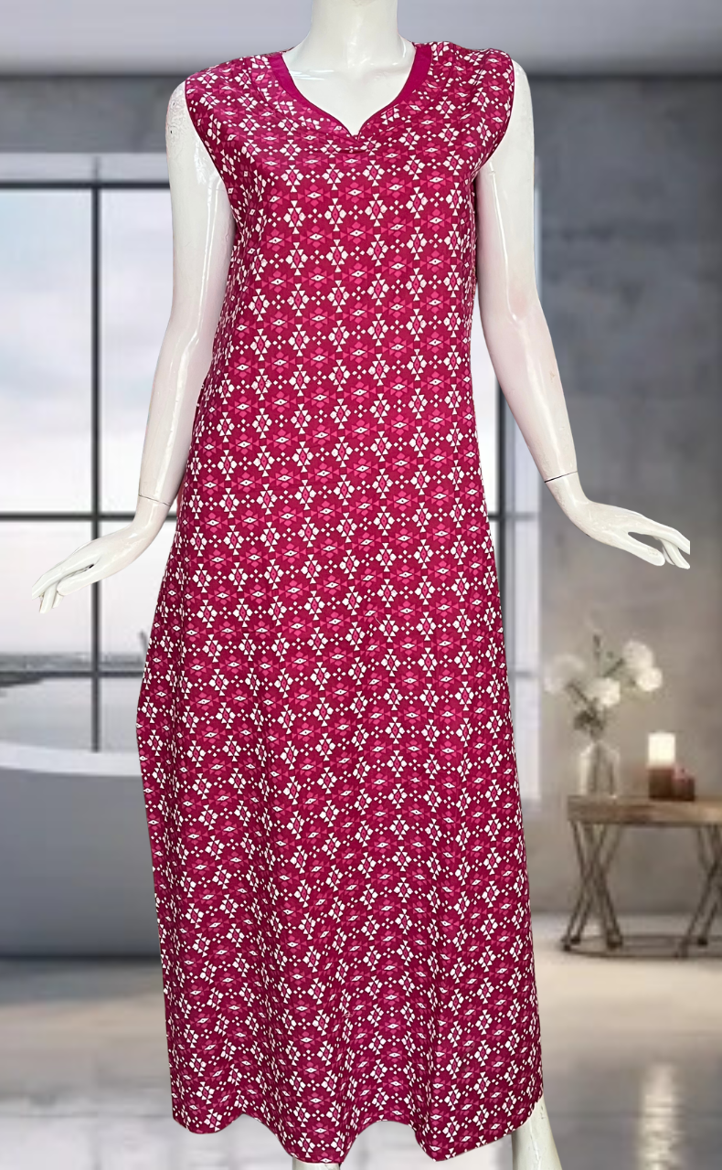 Pink Abstract Pure Cotton Sleeveless Nighty. Pure Durable Cotton | Laces and Frills