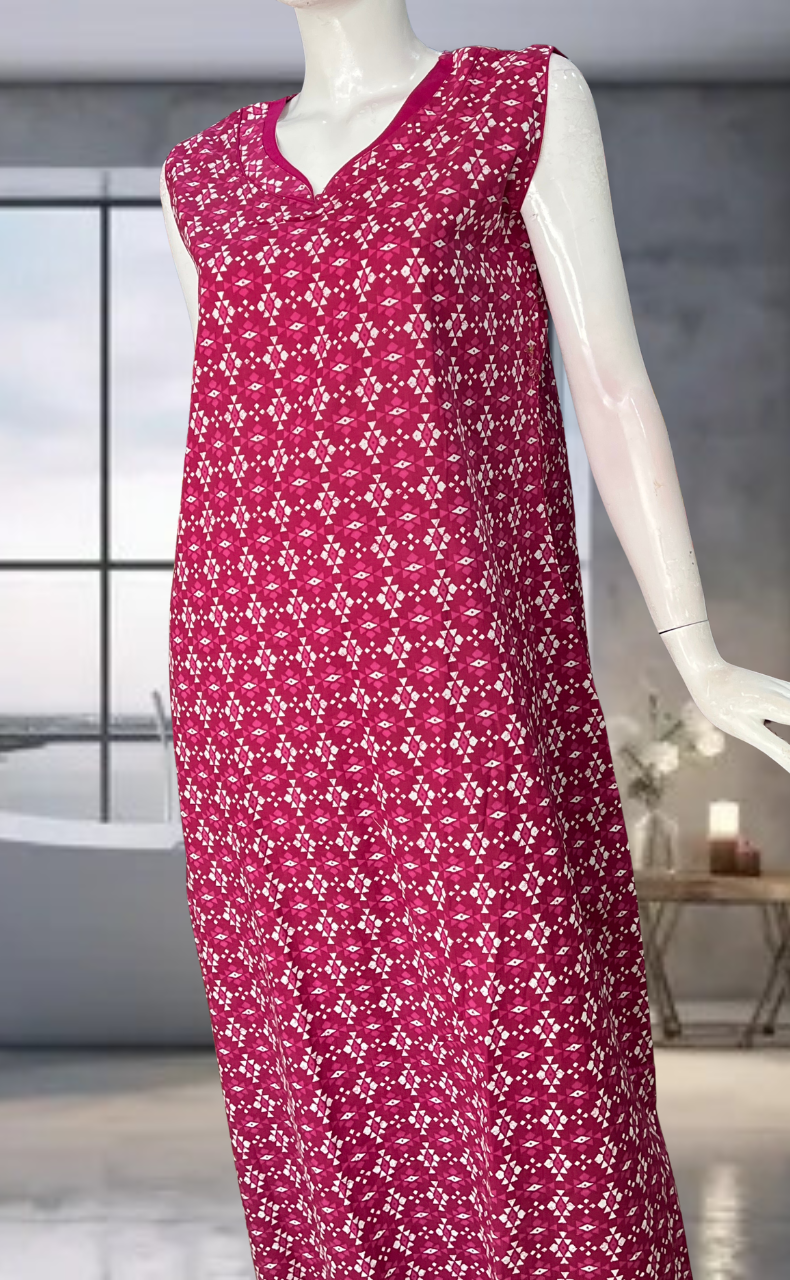 Pink Abstract Pure Cotton Sleeveless Nighty. Pure Durable Cotton | Laces and Frills