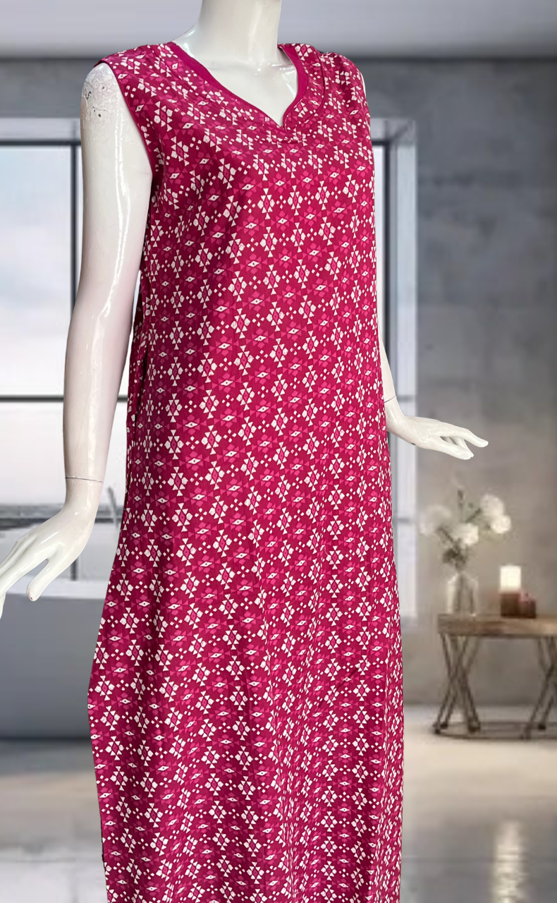 Pink Abstract Pure Cotton Sleeveless Nighty. Pure Durable Cotton | Laces and Frills