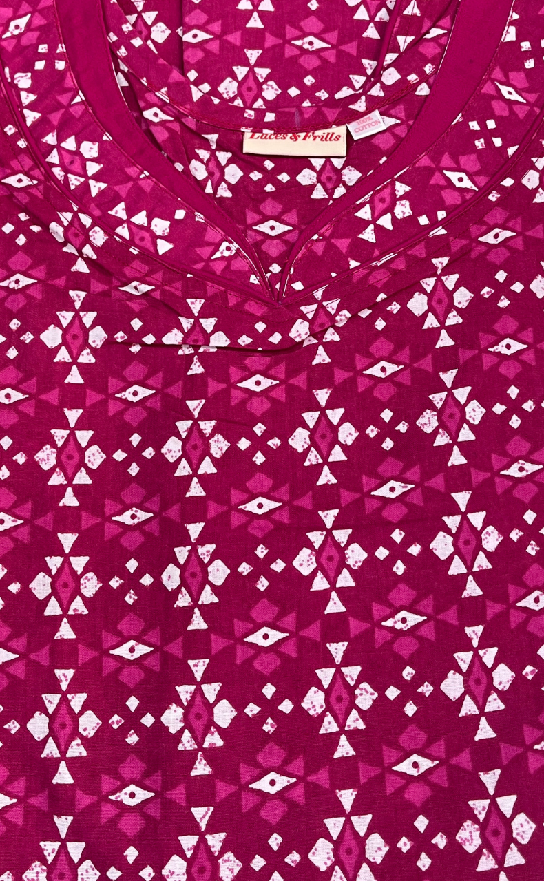 Pink Abstract Pure Cotton Sleeveless Nighty. Pure Durable Cotton | Laces and Frills