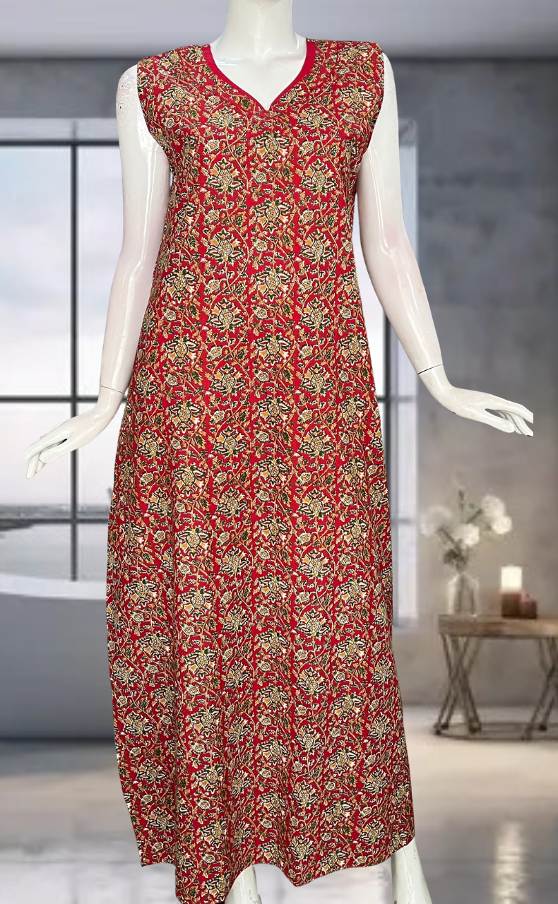 Red Garden Pure Cotton Sleeveless Nighty. Pure Durable Cotton | Laces and Frills