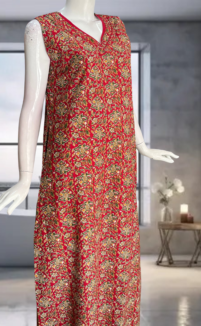 Red Garden Pure Cotton Sleeveless Nighty. Pure Durable Cotton | Laces and Frills