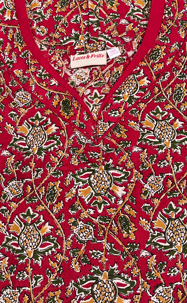 Red Garden Pure Cotton Sleeveless Nighty. Pure Durable Cotton | Laces and Frills