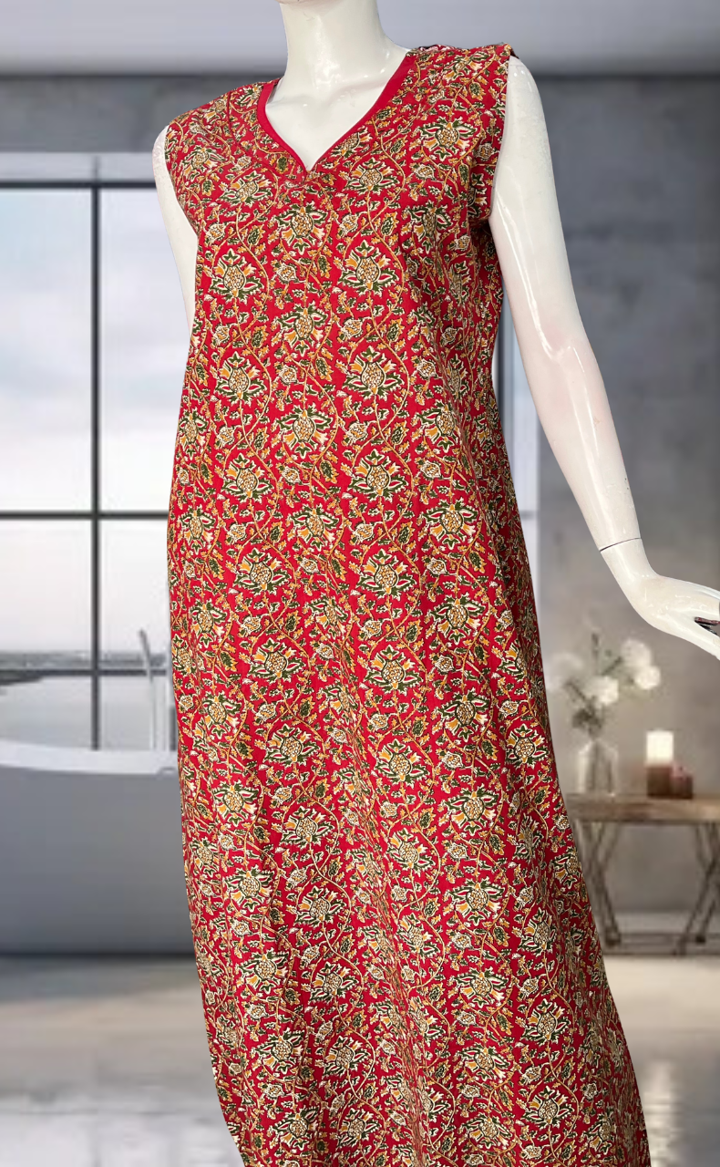 Red Garden Pure Cotton Sleeveless Nighty. Pure Durable Cotton | Laces and Frills
