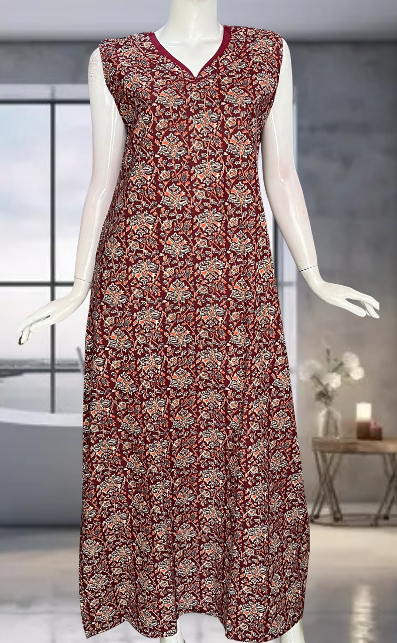 Maroon Garden Pure Cotton Sleeveless Nighty. Pure Durable Cotton | Laces and Frills