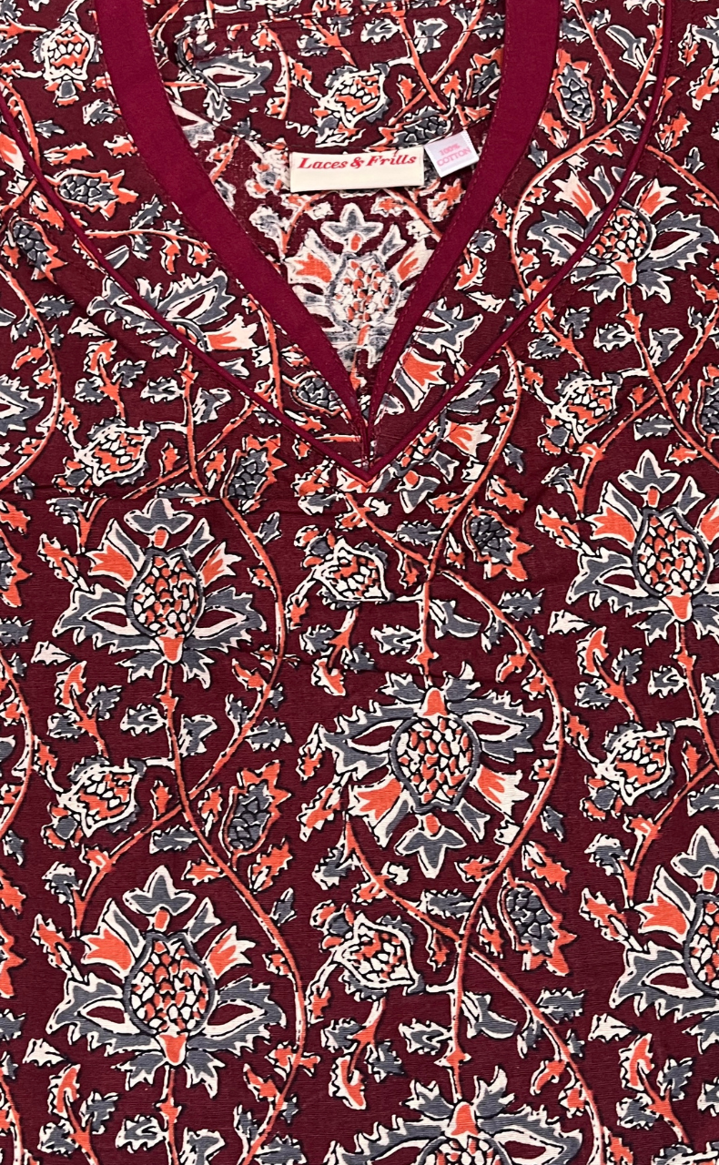 Maroon Garden Pure Cotton Sleeveless Nighty. Pure Durable Cotton | Laces and Frills