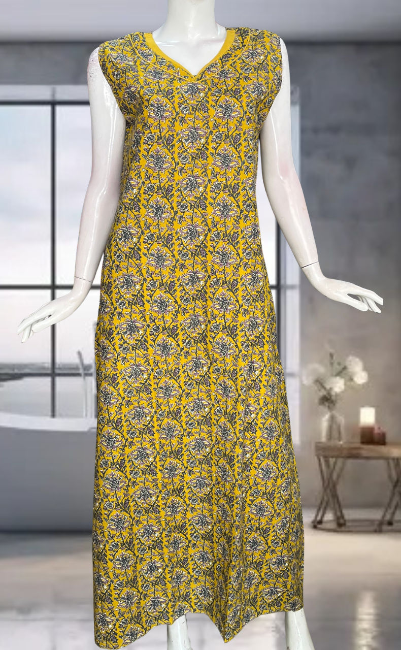 Yellow Garden Pure Cotton Sleeveless Nighty. Pure Durable Cotton | Laces and Frills