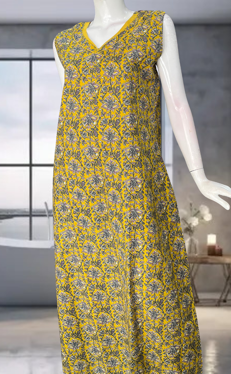 Yellow Garden Pure Cotton Sleeveless Nighty. Pure Durable Cotton | Laces and Frills