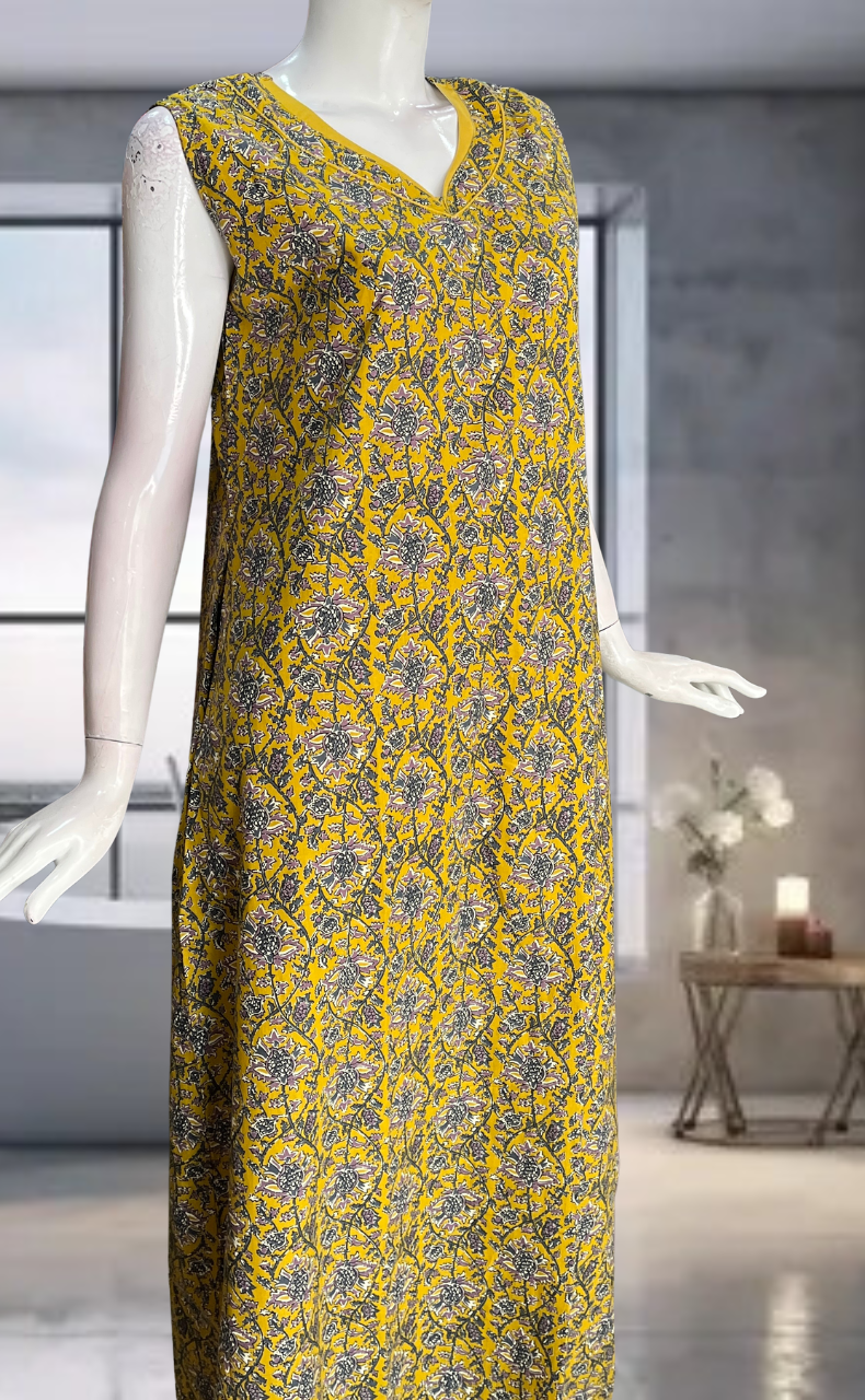 Yellow Garden Pure Cotton Sleeveless Nighty. Pure Durable Cotton | Laces and Frills