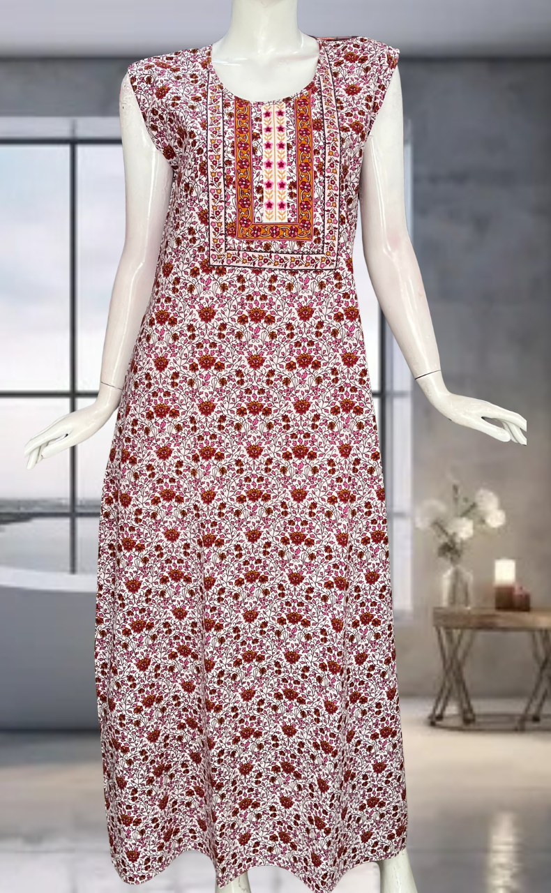 Red Garden Pure Cotton Sleeveless Nighty. Pure Durable Cotton | Laces and Frills