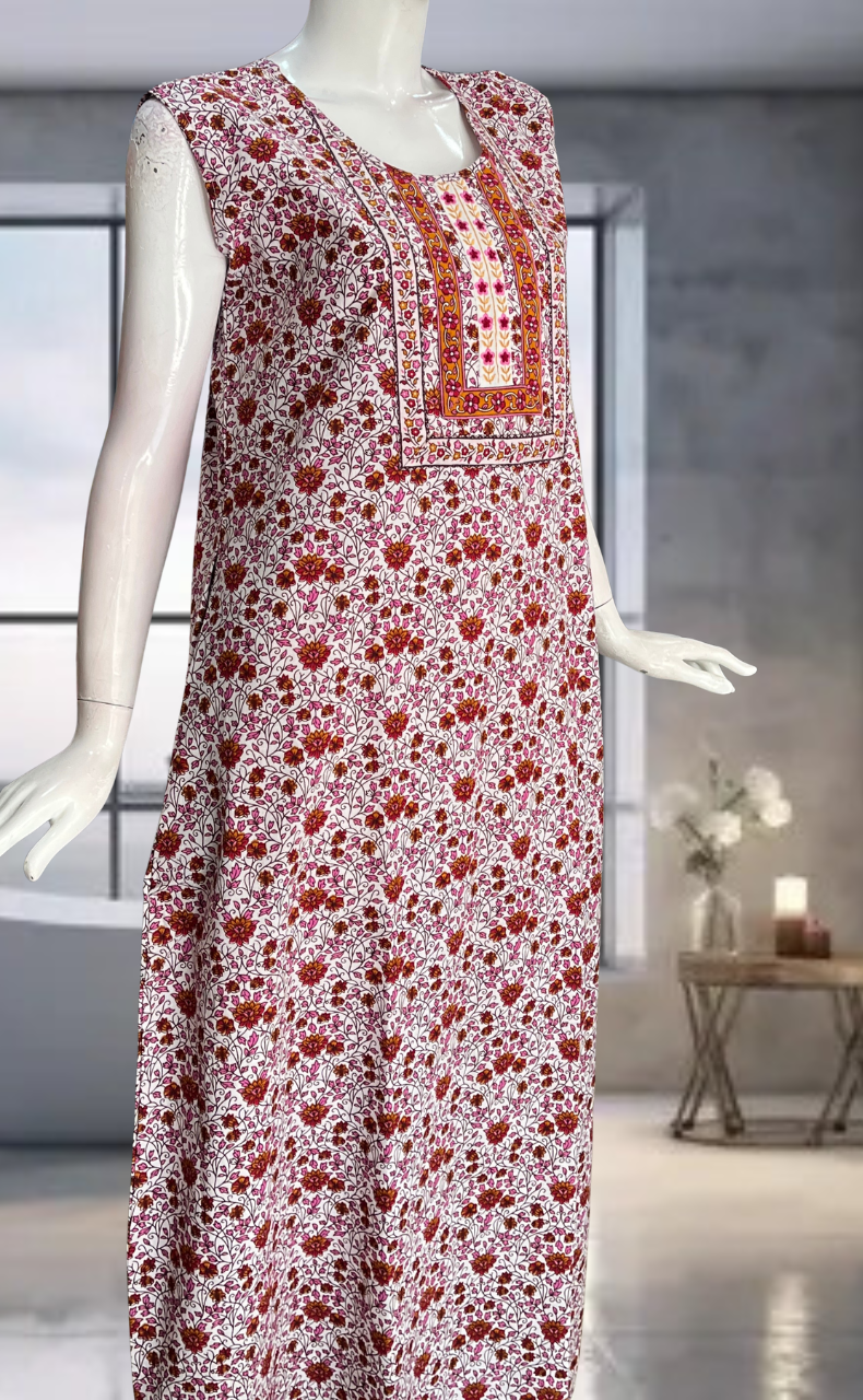 Red Garden Pure Cotton Sleeveless Nighty. Pure Durable Cotton | Laces and Frills