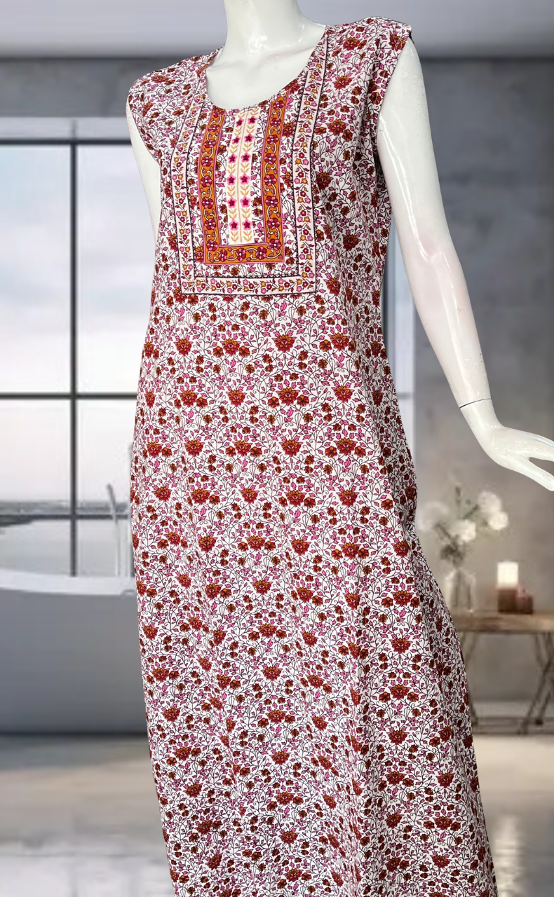 Red Garden Pure Cotton Sleeveless Nighty. Pure Durable Cotton | Laces and Frills