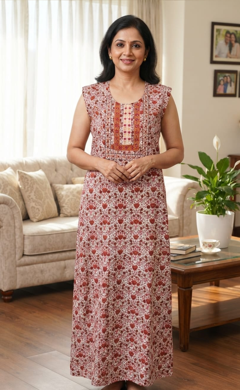 Red Garden Pure Cotton Sleeveless Nighty. Pure Durable Cotton | Laces and Frills