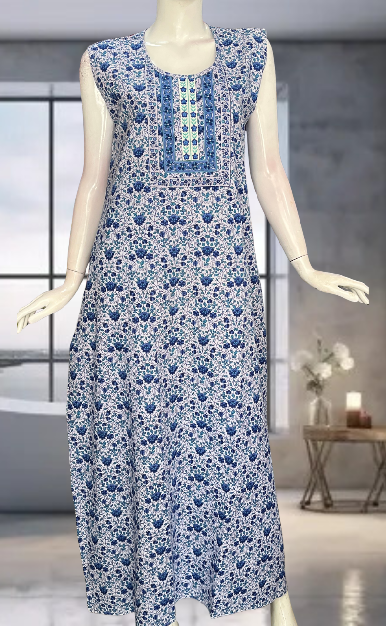 Blue Garden Pure Cotton Sleeveless Nighty. Pure Durable Cotton | Laces and Frills