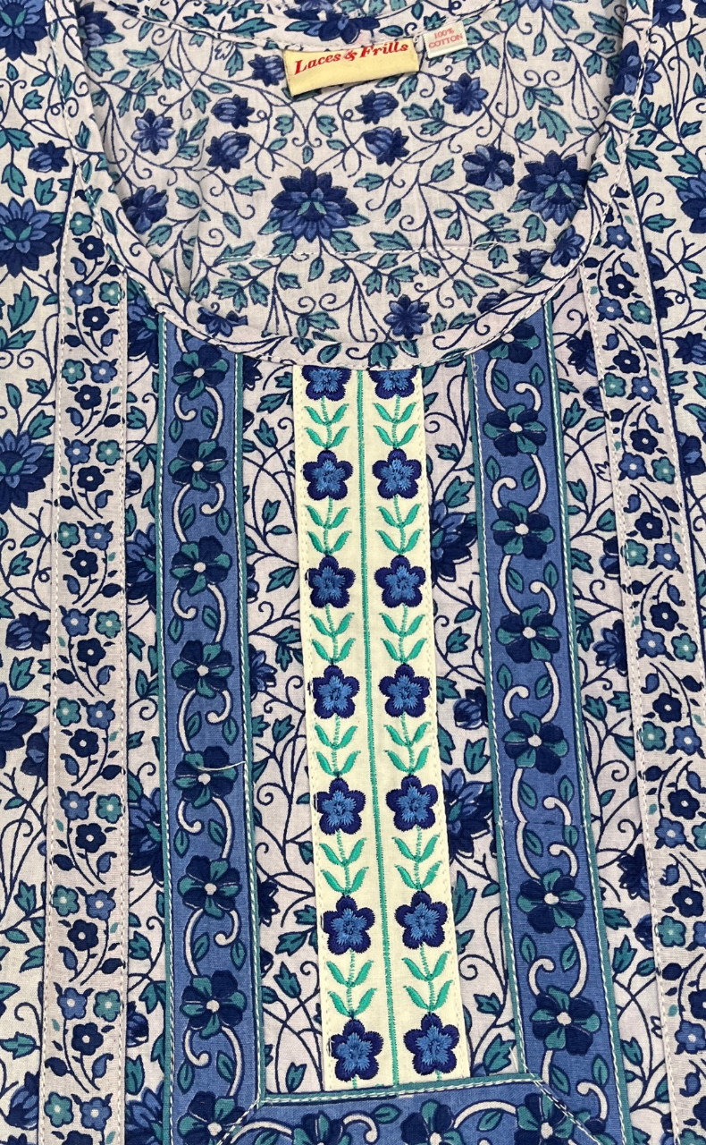 Blue Garden Pure Cotton Sleeveless Nighty. Pure Durable Cotton | Laces and Frills