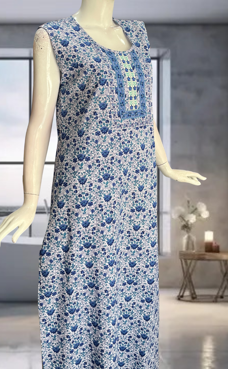 Blue Garden Pure Cotton Sleeveless Nighty. Pure Durable Cotton | Laces and Frills