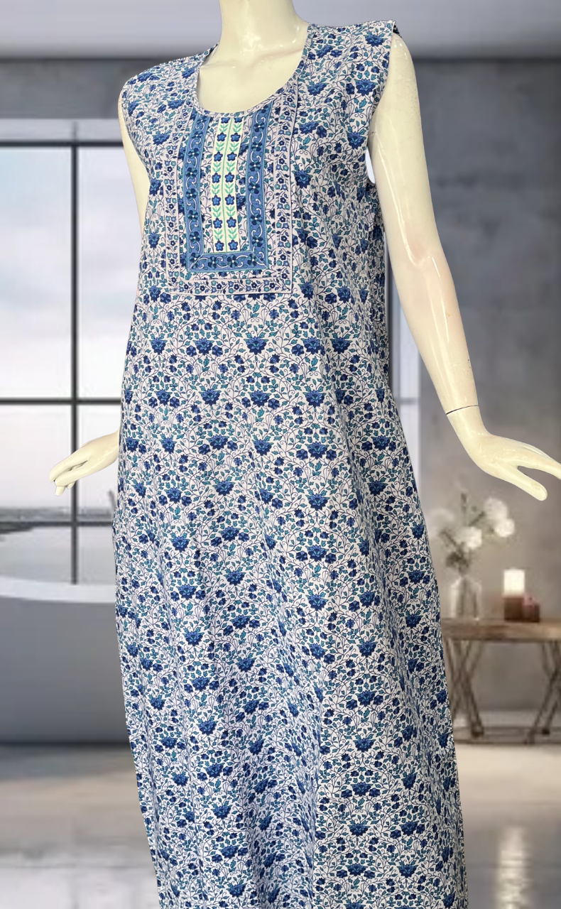 Blue Garden Pure Cotton Sleeveless Nighty. Pure Durable Cotton | Laces and Frills