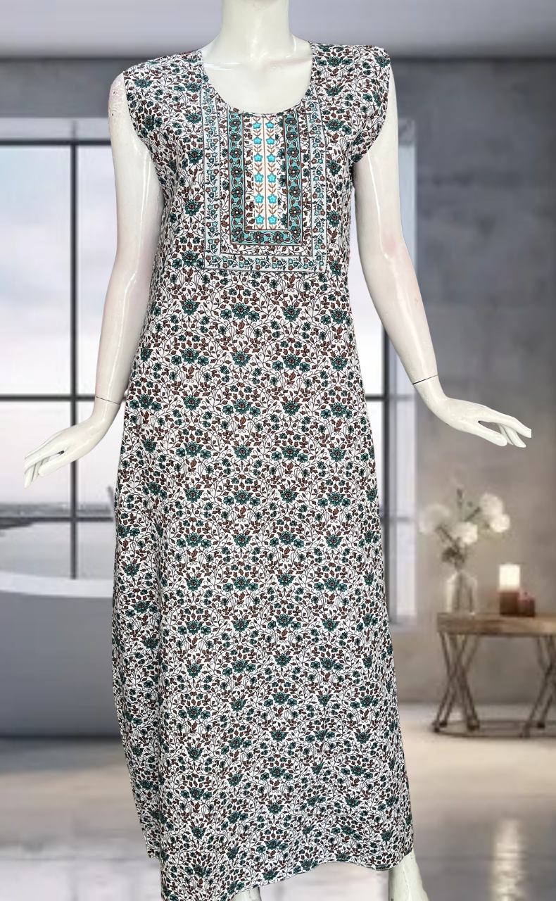 Sea Green Garden Pure Cotton Sleeveless Nighty. Pure Durable Cotton | Laces and Frills