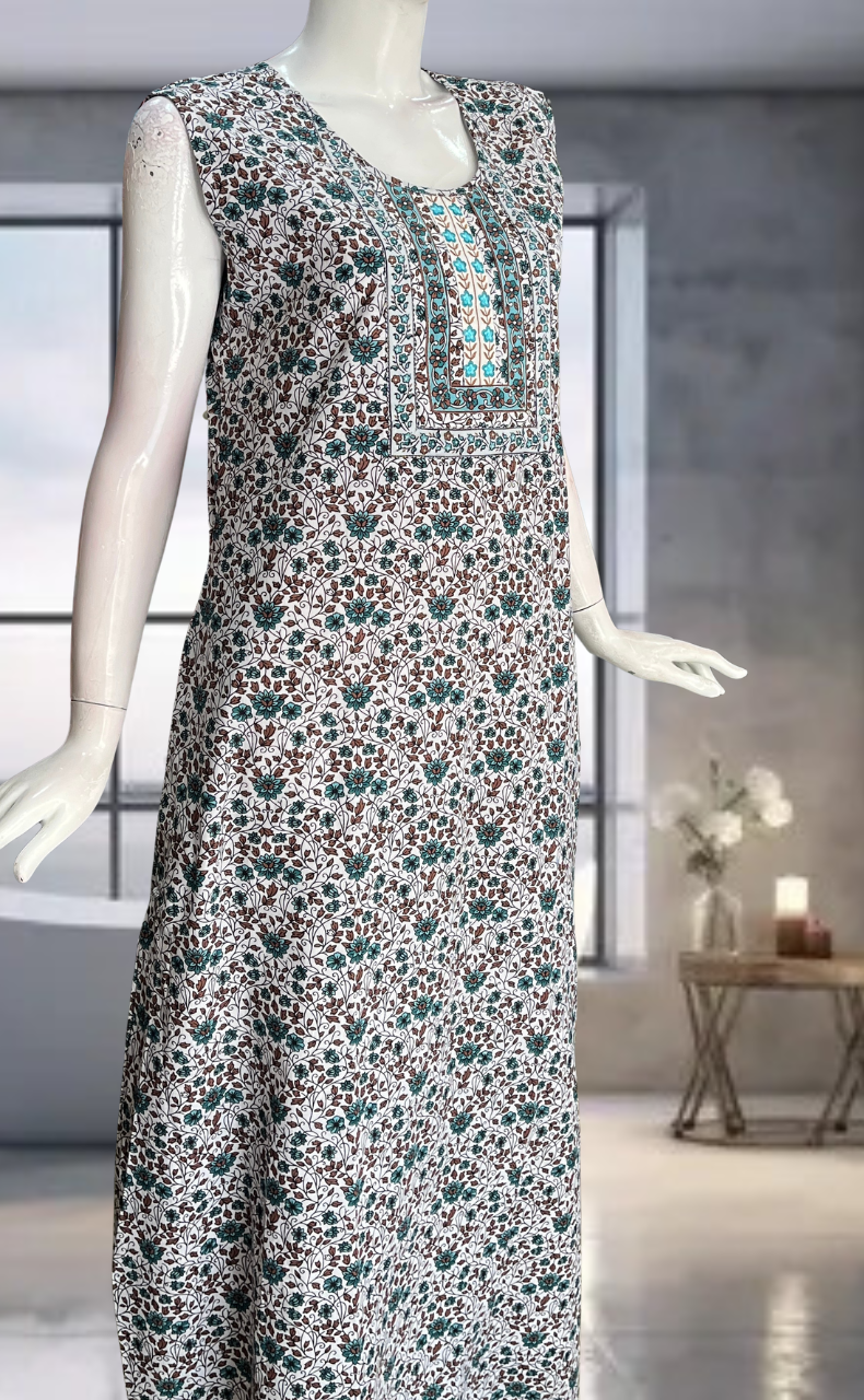 Sea Green Garden Pure Cotton Sleeveless Nighty. Pure Durable Cotton | Laces and Frills
