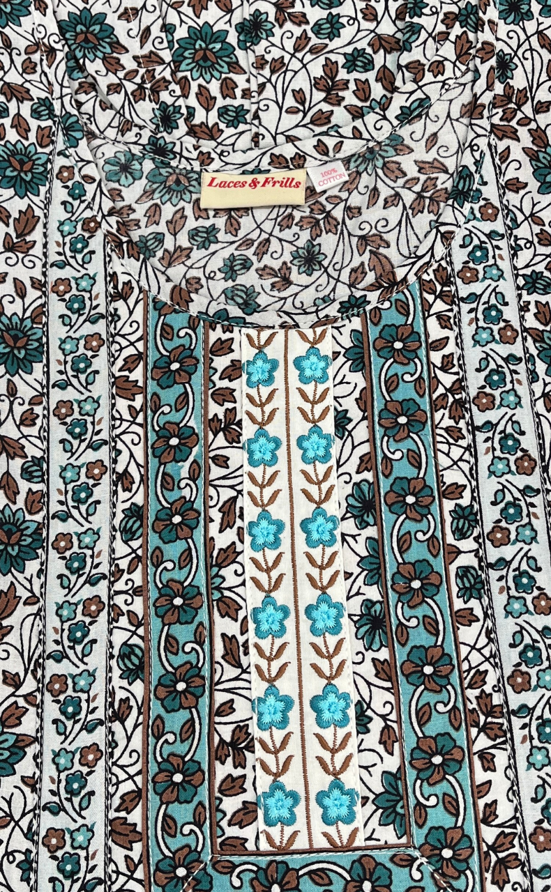 Sea Green Garden Pure Cotton Sleeveless Nighty. Pure Durable Cotton | Laces and Frills