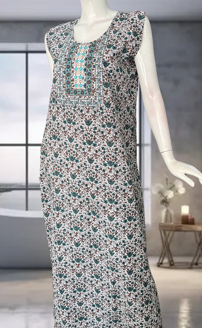 Sea Green Garden Pure Cotton Sleeveless Nighty. Pure Durable Cotton | Laces and Frills