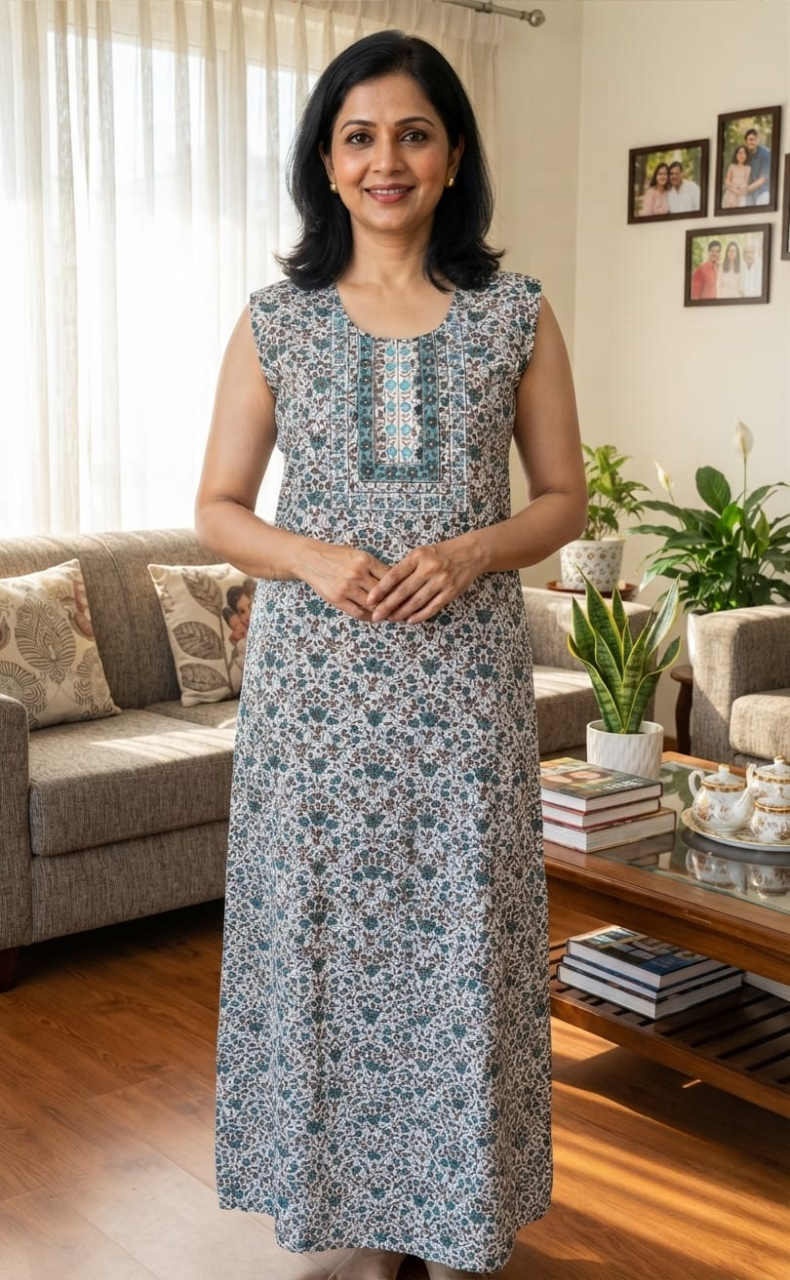 Sea Green Garden Pure Cotton Sleeveless Nighty. Pure Durable Cotton | Laces and Frills