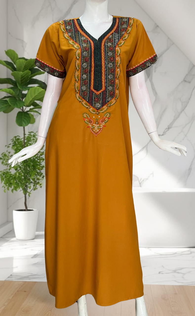 Yellow Bhopali Embroidery Soft Cotton Nighty. Soft Breathable Fabric | Laces and Frills