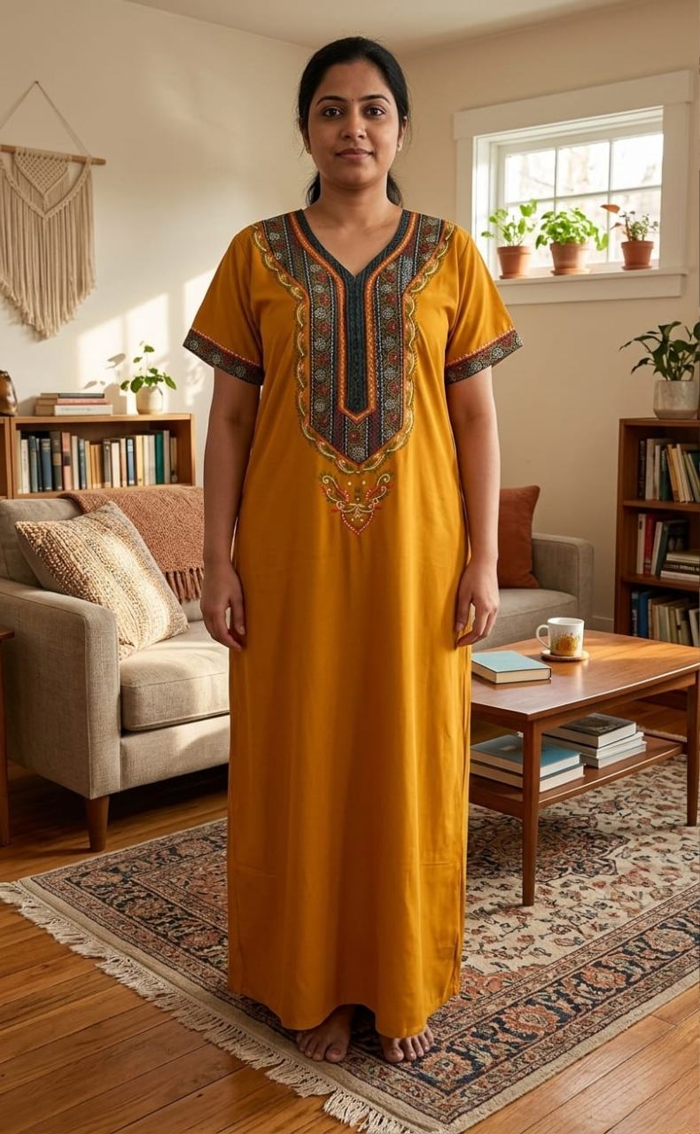 Yellow Bhopali Embroidery Soft Cotton Nighty. Soft Breathable Fabric | Laces and Frills