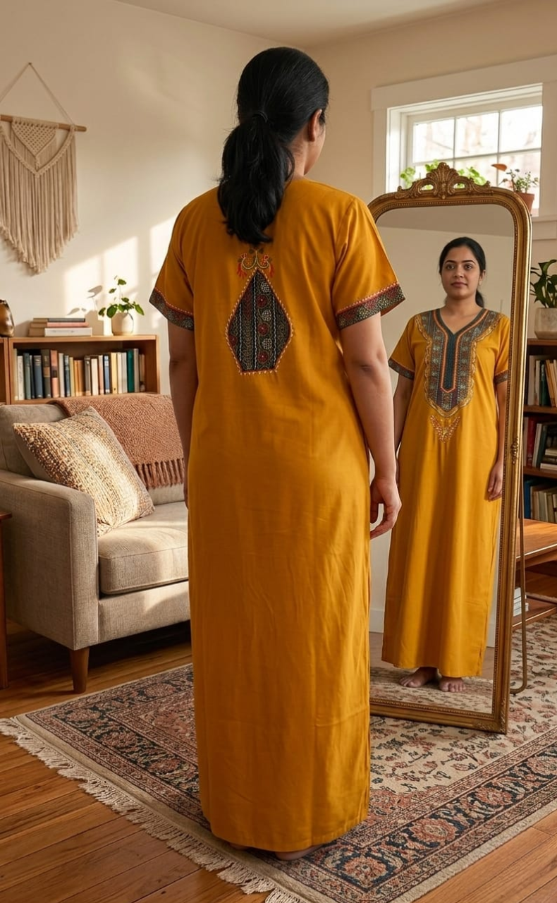 Yellow Bhopali Embroidery Soft Cotton Nighty. Soft Breathable Fabric | Laces and Frills