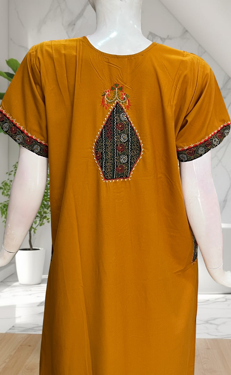 Yellow Bhopali Embroidery Soft Cotton Nighty. Soft Breathable Fabric | Laces and Frills