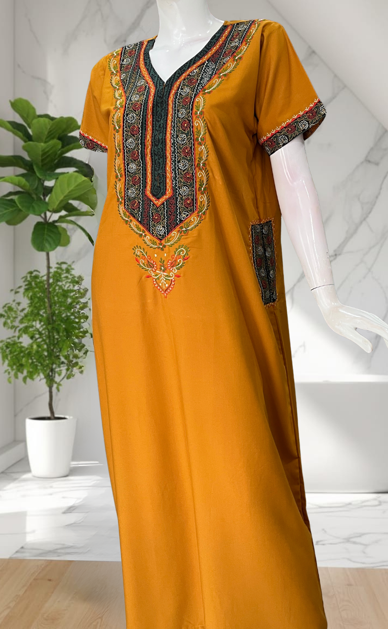 Yellow Bhopali Embroidery Soft Cotton Nighty. Soft Breathable Fabric | Laces and Frills
