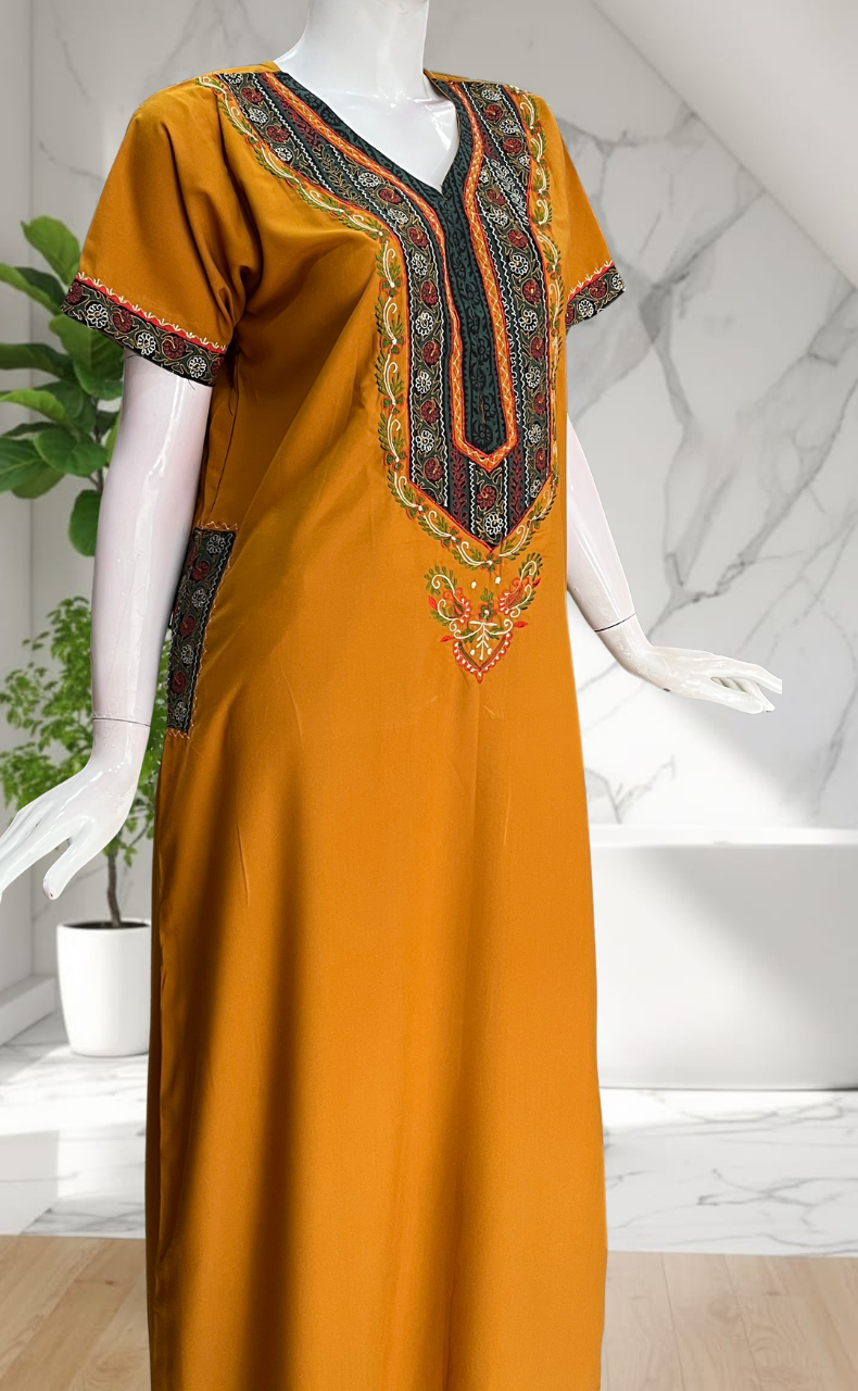 Yellow Bhopali Embroidery Soft Cotton Nighty. Soft Breathable Fabric | Laces and Frills