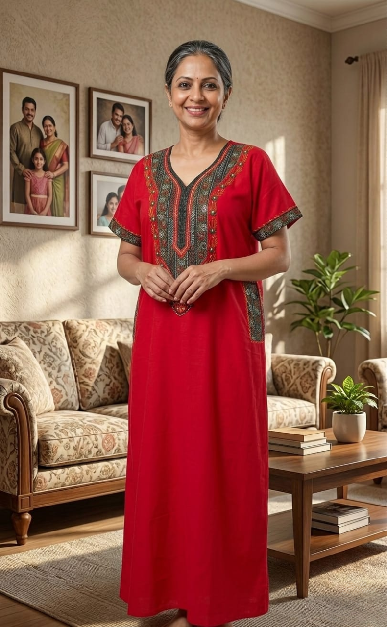 Red Bhopali Embroidery Soft Cotton Nighty. Soft Breathable Fabric | Laces and Frills