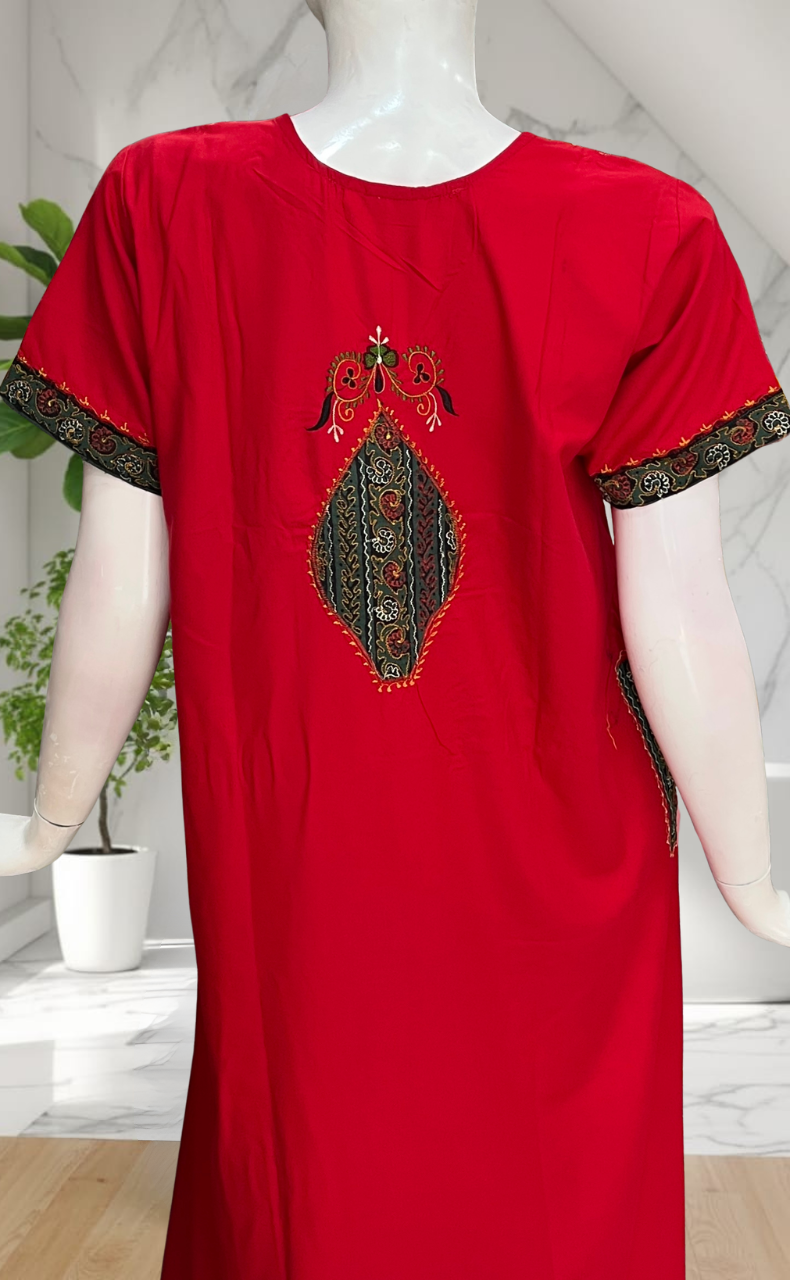 Red Bhopali Embroidery Soft Cotton Nighty. Soft Breathable Fabric | Laces and Frills
