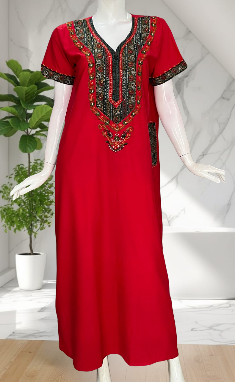 Red Bhopali Embroidery Soft Cotton Nighty. Soft Breathable Fabric | Laces and Frills