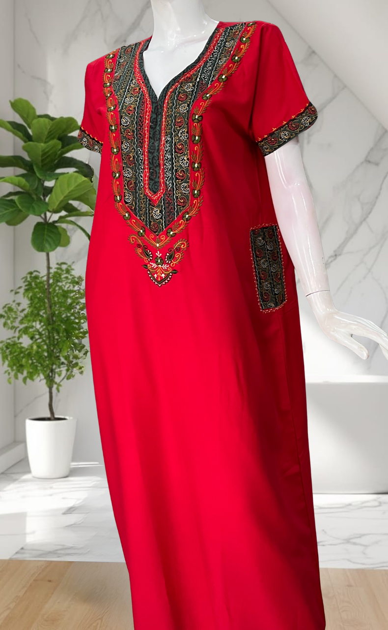 Red Bhopali Embroidery Soft Cotton Nighty. Soft Breathable Fabric | Laces and Frills