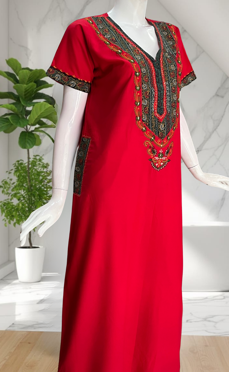 Red Bhopali Embroidery Soft Cotton Nighty. Soft Breathable Fabric | Laces and Frills