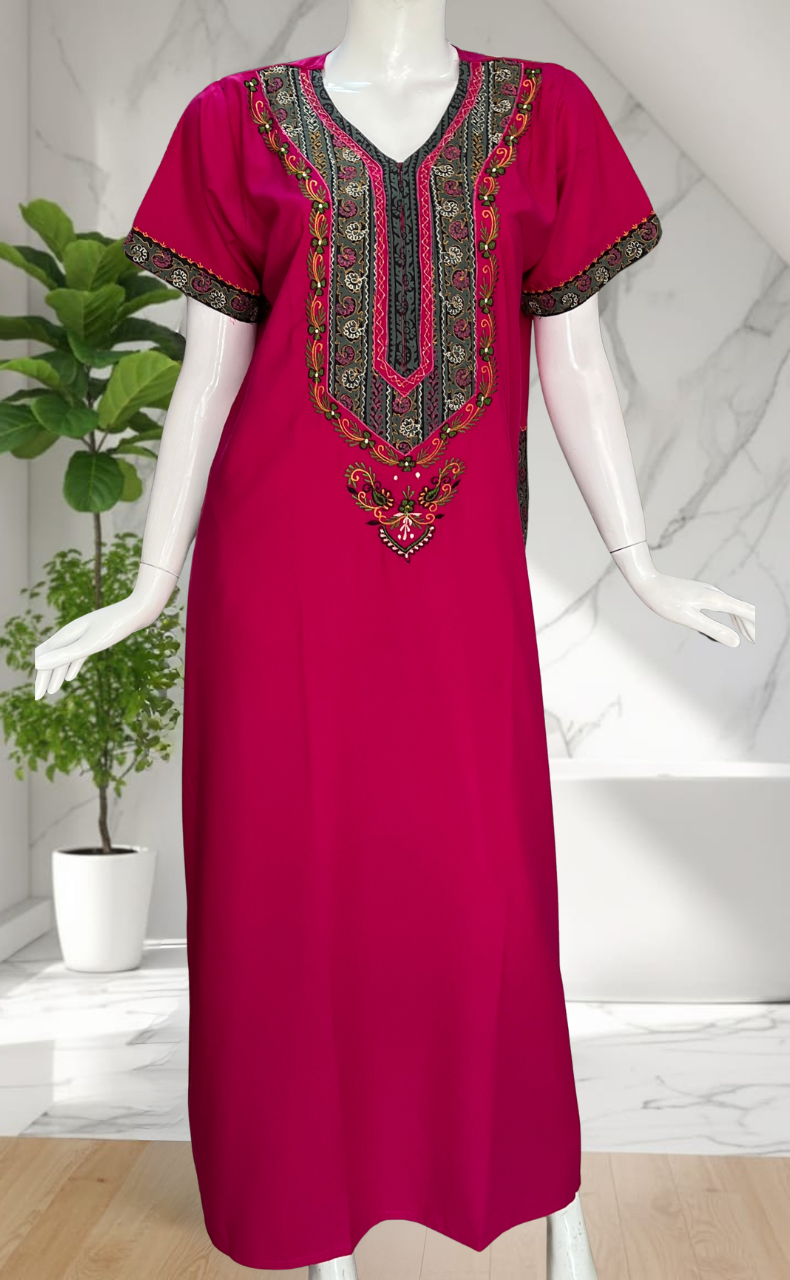 Pink Bhopali Embroidery Soft Cotton Nighty. Soft Breathable Fabric | Laces and Frills