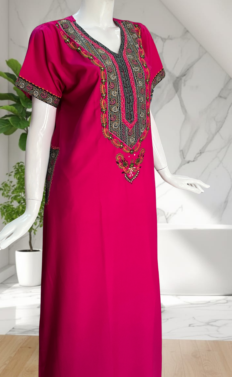 Pink Bhopali Embroidery Soft Cotton Nighty. Soft Breathable Fabric | Laces and Frills