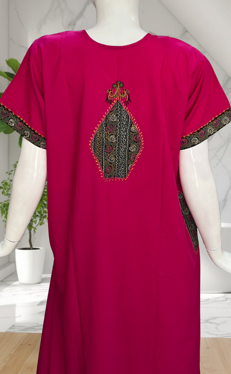Pink Bhopali Embroidery Soft Cotton Nighty. Soft Breathable Fabric | Laces and Frills