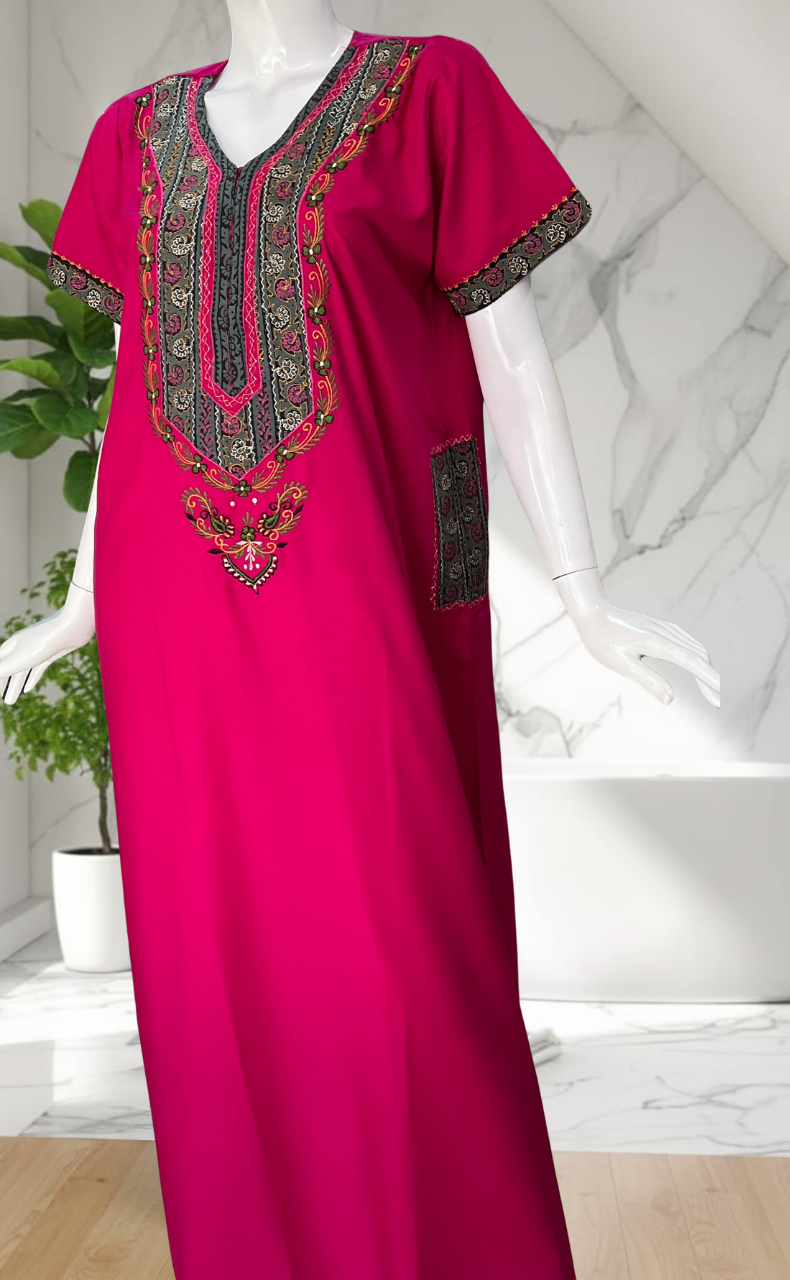 Pink Bhopali Embroidery Soft Cotton Nighty. Soft Breathable Fabric | Laces and Frills