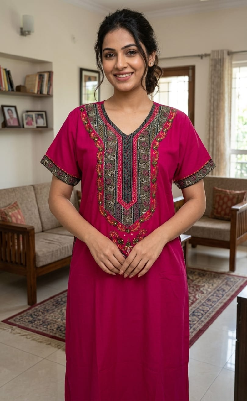 Pink Bhopali Embroidery Soft Cotton Nighty. Soft Breathable Fabric | Laces and Frills