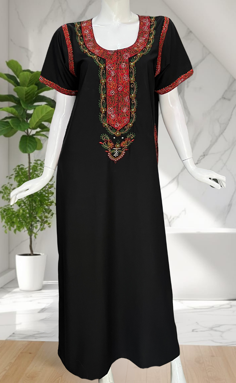 Black Bhopali Embroidery Soft Cotton Nighty. Soft Breathable Fabric | Laces and Frills