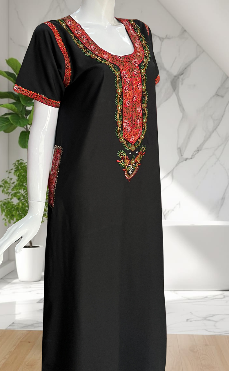 Black Bhopali Embroidery Soft Cotton Nighty. Soft Breathable Fabric | Laces and Frills