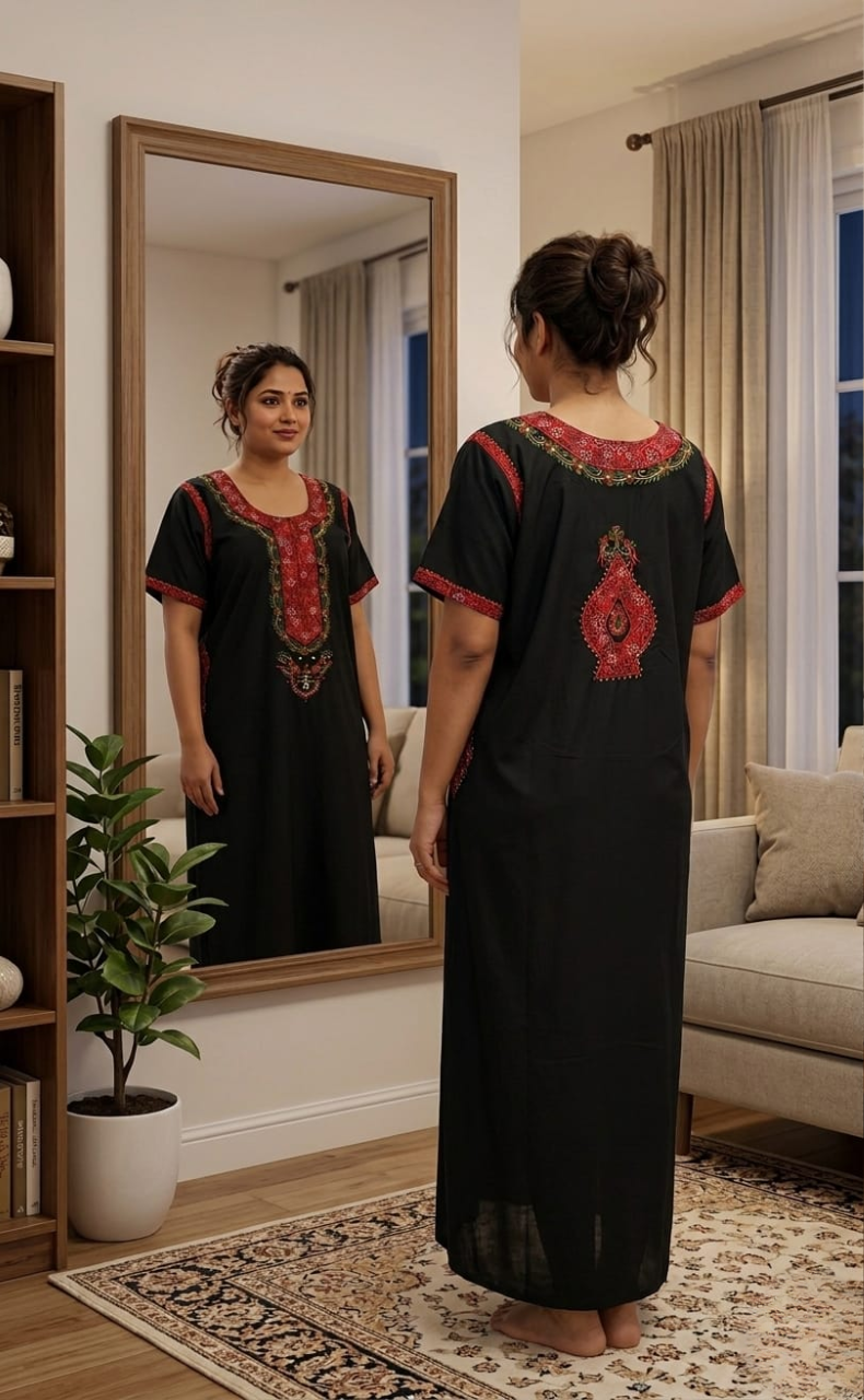 Black Bhopali Embroidery Soft Cotton Nighty. Soft Breathable Fabric | Laces and Frills