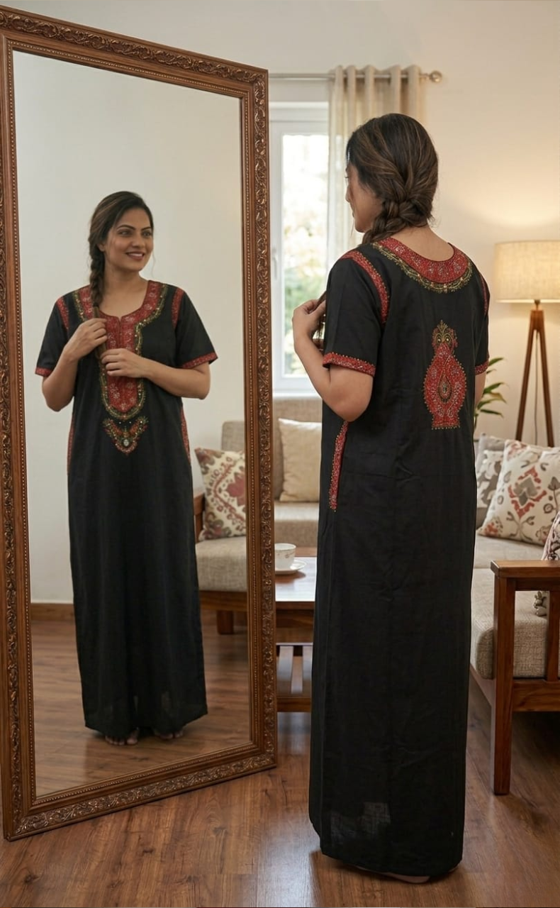 Black Bhopali Embroidery Soft Cotton Nighty. Soft Breathable Fabric | Laces and Frills