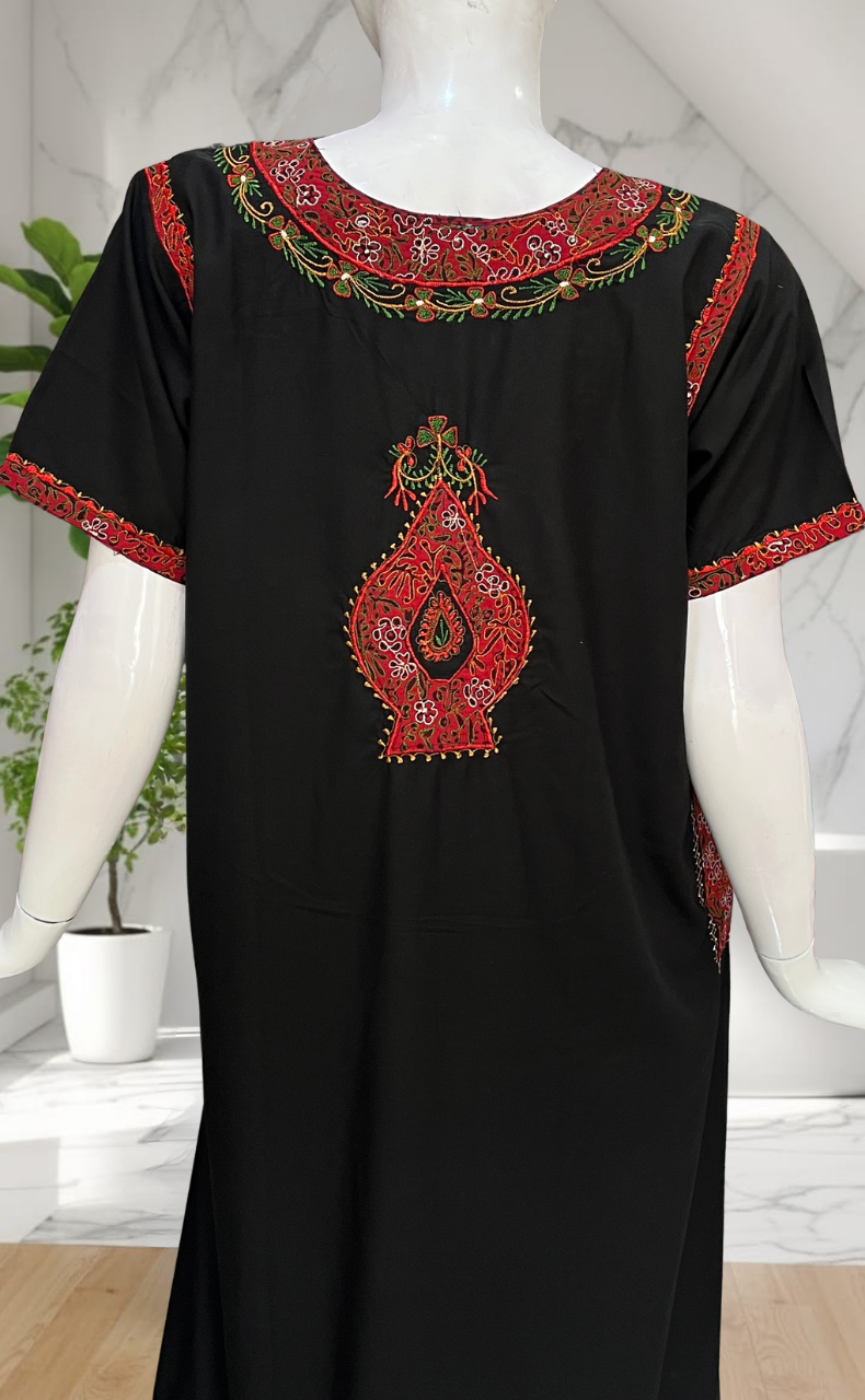 Black Bhopali Embroidery Soft Cotton Nighty. Soft Breathable Fabric | Laces and Frills